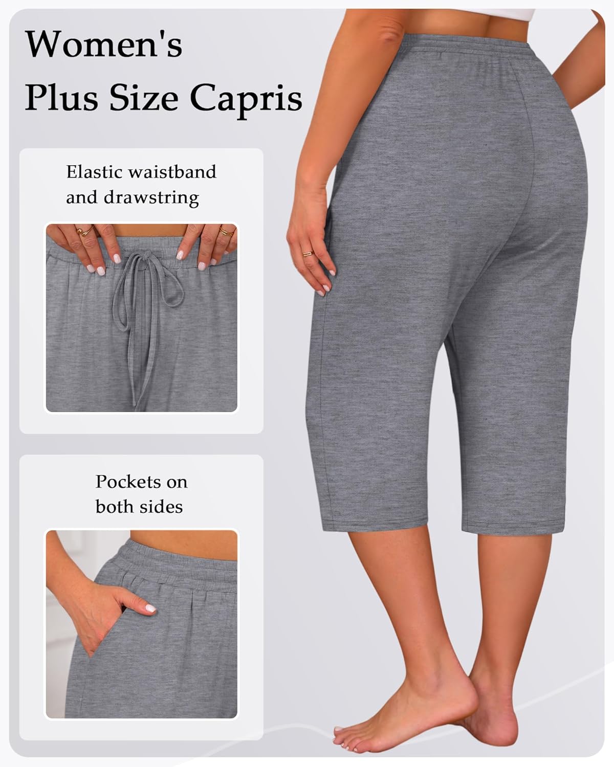 Huukeay 3 Pack Women's Plus Size Capris, Drawstring Cotton Yoga Capri Sweatpants Summer Casual Loose Cropped Pant with Pocket
