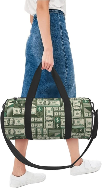 Money Sports Gym Bag Geometric Hundred Dollar Bills Travel Duffel Bag Shoes Compartment For Men Women Foldable Lightweight Yoga Gym Sports Bag