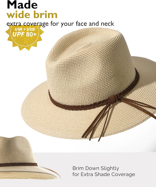 FURTALK Sun Hats for Women Summer Wide Brim UV UPF 80+ Panama Fedora Foldable Packable Straw Beach Hat