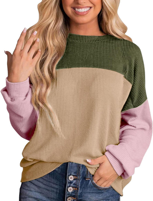 Long Sleeve Shirts for Women Color Block Tops Fall Fashion Ribbed Knit Tops Casual Loose Crewneck Pullover Shirts