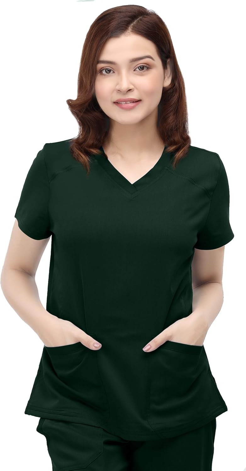 NY Threads Scrub Tops for Women Soft Stretch V-Neck Medical Scrub Top with Pockets