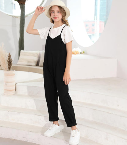 RAISEVERN Jumpsuits for Girls Casual Sleeveless Loose Spaghetti Strap Summer Rompers Long Pants with Pockets