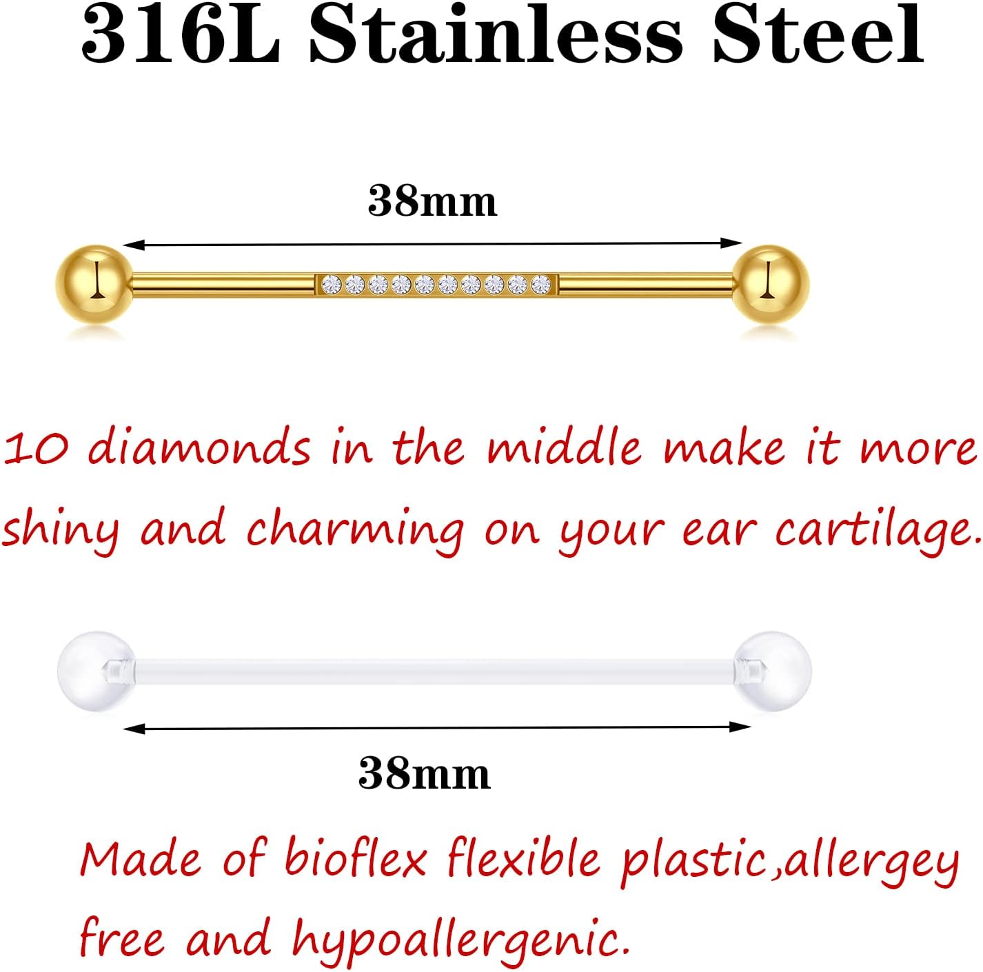 JIESIBAO Industrial Bar Piercing Kit, 14G Earrings Surgical Steel Barbell With 12G Needles, Disposable Clamps, 32mm 35mm 38mm