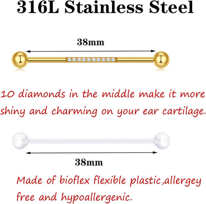 JIESIBAO Industrial Bar Piercing Kit, 14G Earrings Surgical Steel Barbell With 12G Needles, Disposable Clamps, 32mm 35mm 38mm