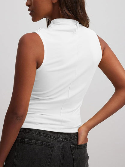 Tankaneo Womens Sleeveless Tank Tops Slim Fitted Mock Neck Draped Stretchy Summer Casual Ruched Tops