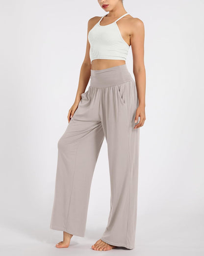 ODODOS Women's Wide Leg Palazzo Lounge Pants with Pockets Light Weight Loose Comfy Casual Pajama Pants-32 Inseam, Light Beige, Medium