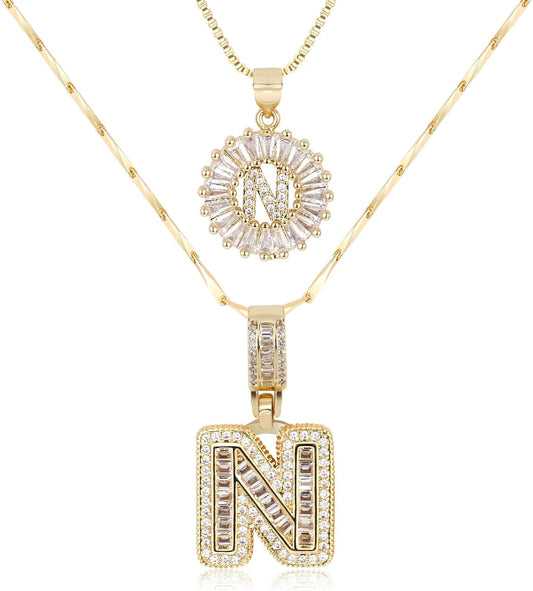 Letter Necklace 14k Gold Plated Bling Dainty Necklaces Trendy Chunky Custom Name Necklace Personalized Round Circle Pendant Zirconia Letters Name Crystal Jewelry Gifts for Women