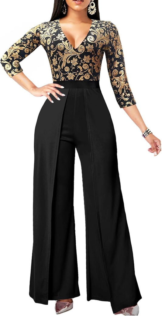 Sparkly Overlay Jumpsuit for Women Dressy Elegant Long Sleeve Long Split lightweight Pants Cocktail Jumpsuits