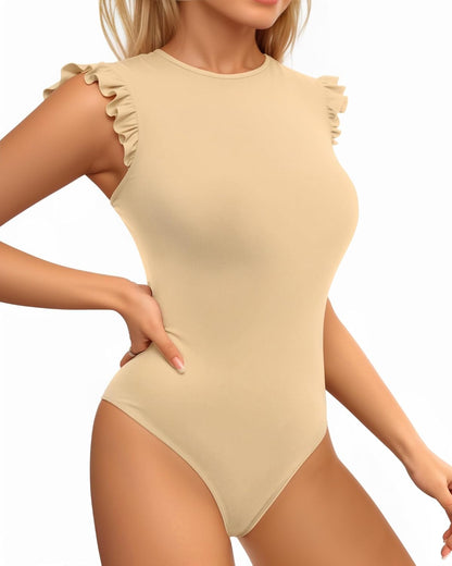 MANGOPOP Women's Body Suits Cute Crew Neck Ruffle Sleeveless Slim Fit Bodysuit Tank Tops Tight Casual Sexy