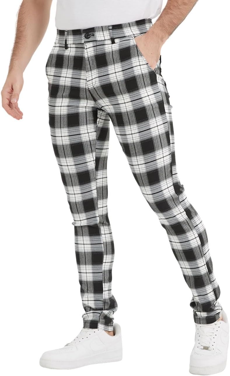 Plaid&Plain Men's Plaid Pants Skinny Dress Pants for Men Skinny Chino Pants Men