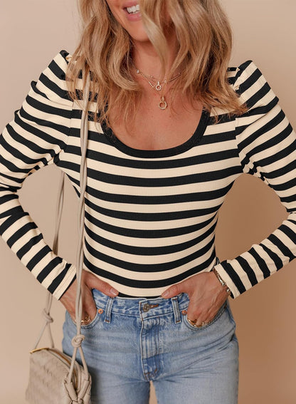 Dokotoo Womens Long Sleeves Bodysuits Striped Sexy Square Neck Sexy Tee Shirt Blouse Plus Size