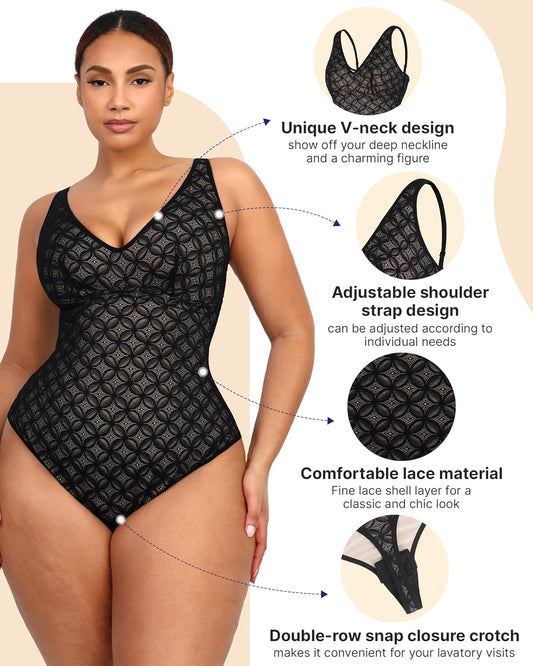 SHAPELLX Lace Body Suits for Women Tummy Control Black Thong Shapewear Bodysuit Backless Tank Top