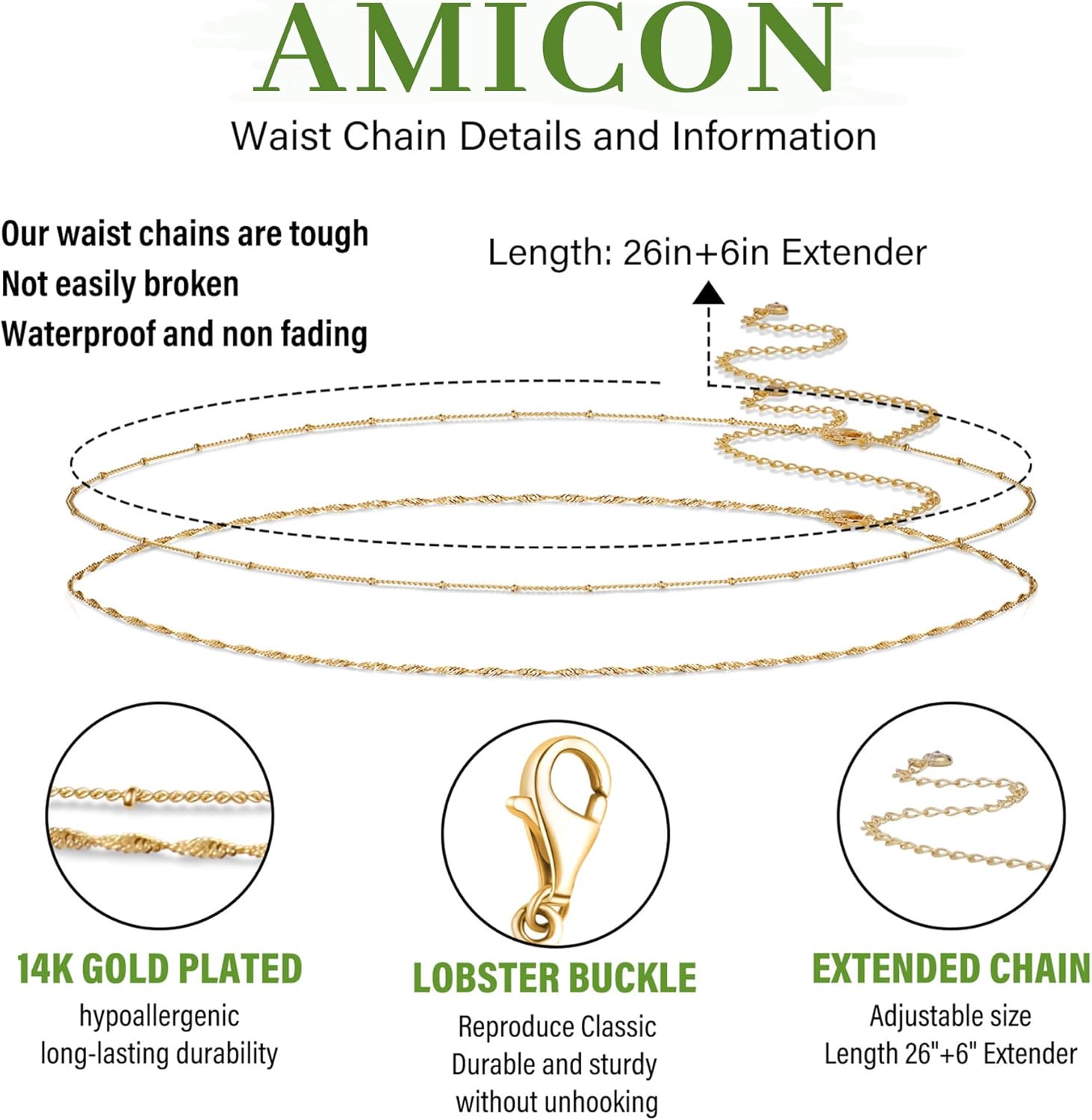 2PCS 18K Gold Plated Waist Chain Satellite Body Chain Layered rope Waist Chains Sexy Bikini Beach Waist Chain for Women Waterproof Adjustable 26.5-33Inch