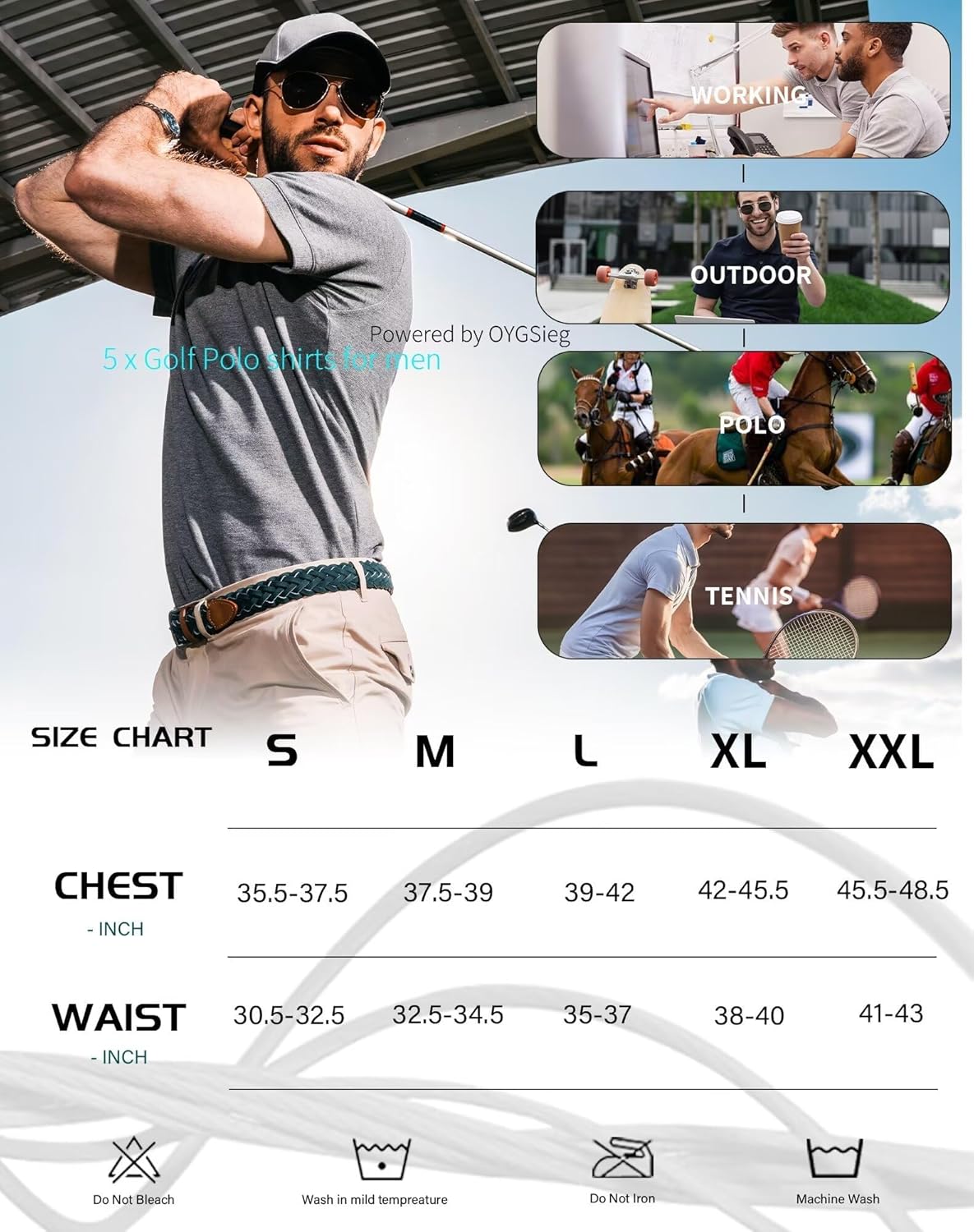 OYGSieg 5 Pack Mens Polo Shirt Short Sleeve Tactical Shirts Quick Dry Performance Golf Shirt Pique Jersey Outdoor Shirt