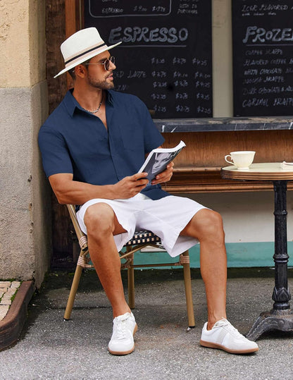 COOFANDY Men's Button Down Short Sleeve Shirt Casual Cotton Summer Beach Linen Wedding Shirts with Pocket