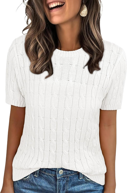 ANRABESS Womens Short Sleeve Sweaters Tops Crewneck Cable Knit Casual Soft Pullover Shirt 2025 Spring Summer Business Outfits