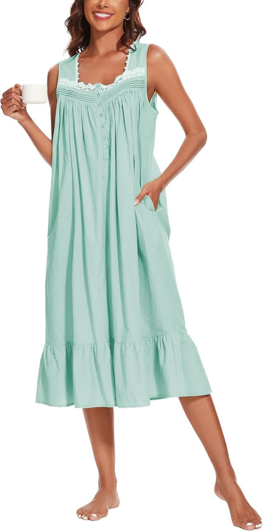 AVIIER 100% Cotton Nightgowns for Women Sleeveless Sleep Dress Ladies Gowns Sleepwear with Pockets