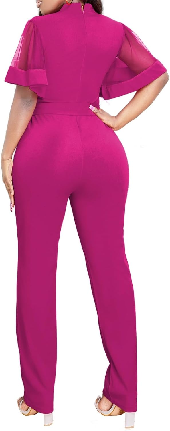 Oxgmoky Women's Jumpsuits Elegant Business V Neck Zipper Long Sleeve Sexy Strap Straight Long Pants Rompers With Pockets