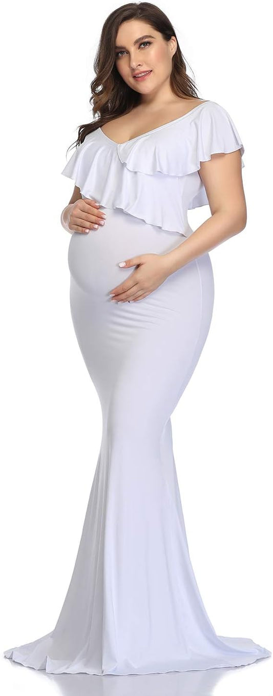 Mommy Jennie Long Maternity Dress for Photoshoot Stretchy Pregnancy Ruffle Maxi Photography Dress for Baby Shower