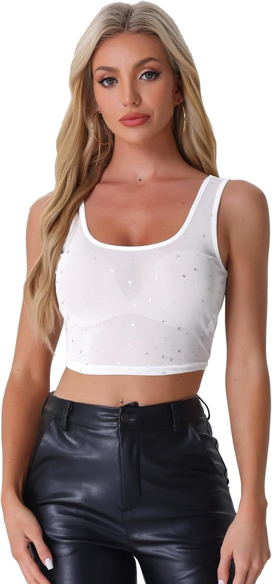 Allegra K Sheer Mesh Top for Women's Party Club Sleeveless Scoop Neck Glitter Star Crop Tops