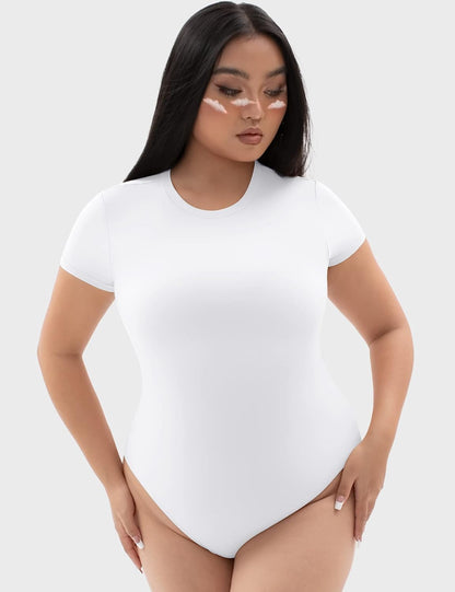 PUMIEY Women's Crew Neck Short Sleeve Thong Bodysuit Fashion T-shirt Tops Smoke Cloud Pro Collection