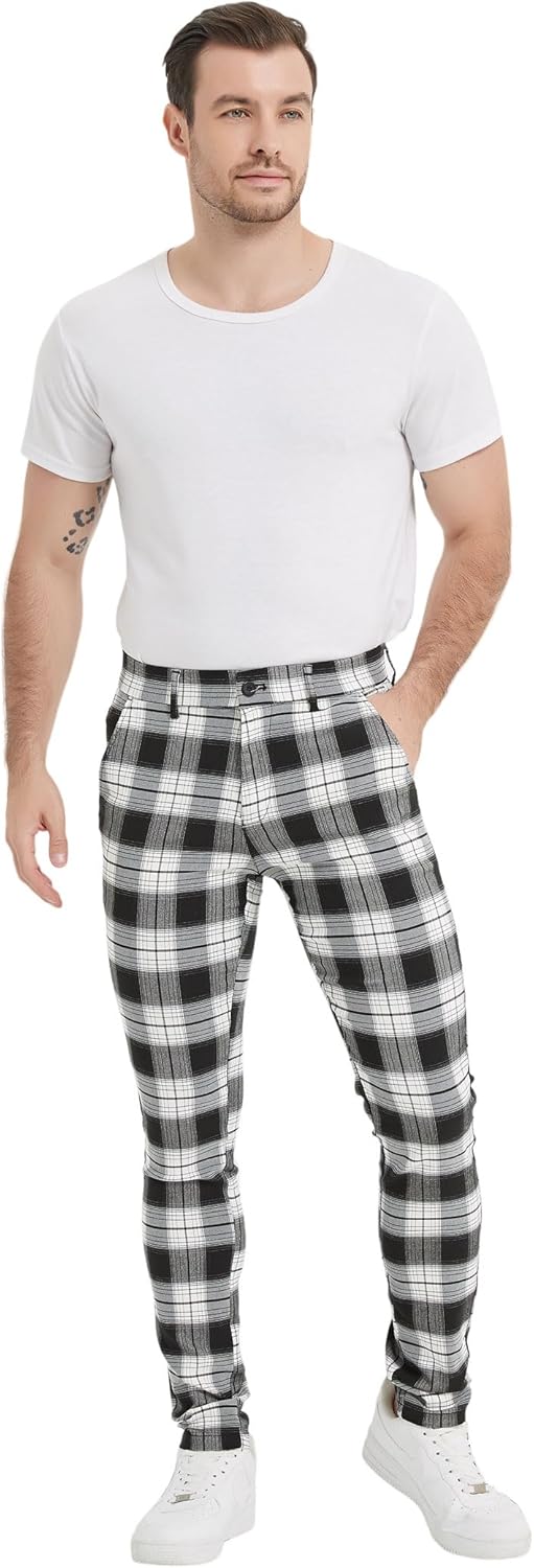 Plaid&Plain Men's Plaid Pants Skinny Dress Pants for Men Skinny Chino Pants Men