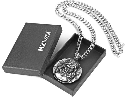 HZMAN Jesus Pendant Necklace for Men Retro Stainless Steel Medal Pendant Necklace Amulet Jewelry Gift