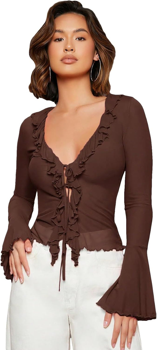 GORGLITTER Women's Sheer Mesh Tops Long Bell Sleeve Tie Front Vintage Ruffle Blouse Shirt