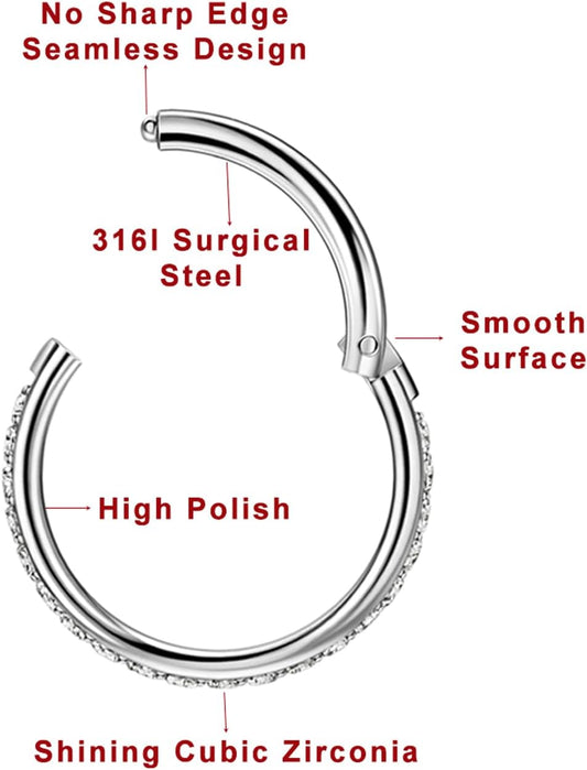 TDEBA 20G 18G 16G Clear CZ Nose Rings Hoop, 316L Surgical Steel Cartilage Earrings Hoop, 5-12mm Daith Helix Rook Tragus Piercing Jewelry, Stainless Steel Earring Silver Conch Piercing Jewelry