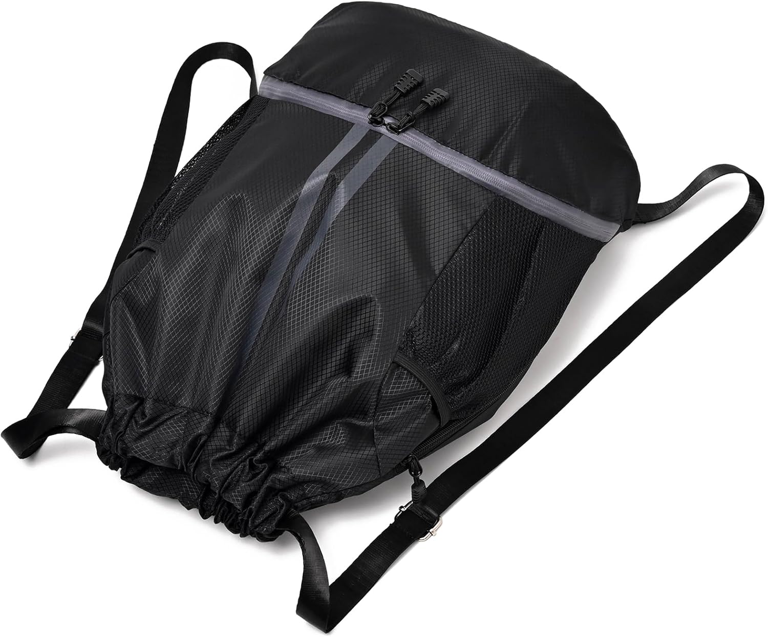 Drawstring Gym Bag for Men, Waterproof Drawstring Backpack for Women, Swim with Shoes Compartment, Pull String Sport Bag for Soccer and Basketball. (Grey)