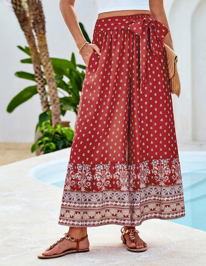 GRACE KARIN Women's 2025 Summer Wide Leg Palazzo Pants Elastic High Waisted Boho Casual Flowy Beach Pants with Pockets