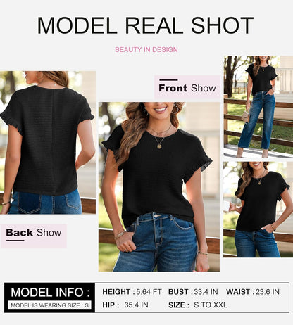 SHEWIN Womens Summer Tops Crewneck Short Sleeve T Shirts Casual Textured Work Shirt Loose Blouses