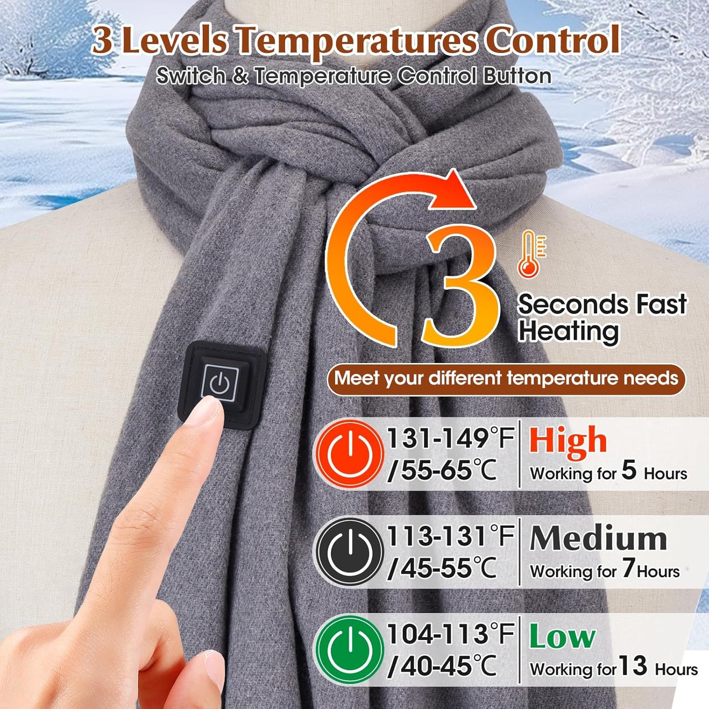 Heated Scarf for Women Rechargeable Neck Warmer, Scarves for Men Winter Warm Intelligent Electric Heating Scarf(grey)
