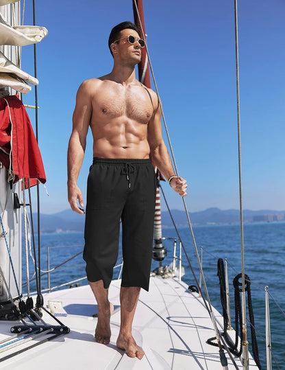 COOFANDY Men's Linen Capri Pants Casual Lightweight 3/4 Baggy Pants Drawstring Elastic Waist Beach Yoga Pants with Pockets