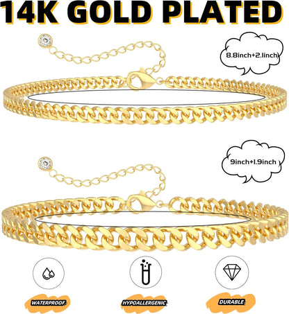 Gold Ankle Bracelets for Women Waterproof - Dainty Gold Anklets Trendy Layered 14K Gold/Silver Plated Stackable Chunky Cuban Link Chian Anklet Bracelet Set for Women Non Tarnish Jewelry Gift