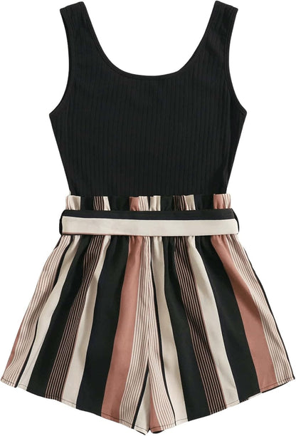 SOLY HUX Women's Summer Sleeveless Belted Tank Romper Short Jumpsuit