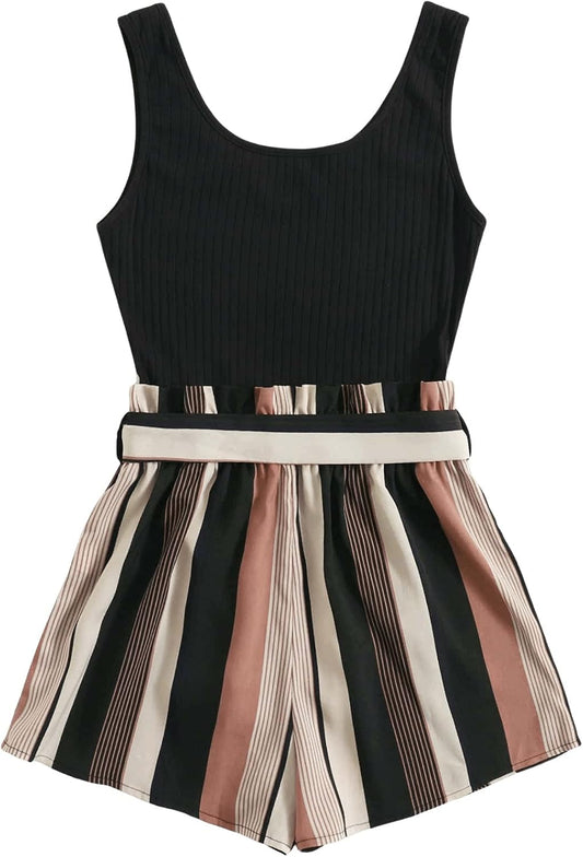 SOLY HUX Women's Summer Sleeveless Belted Tank Romper Short Jumpsuit