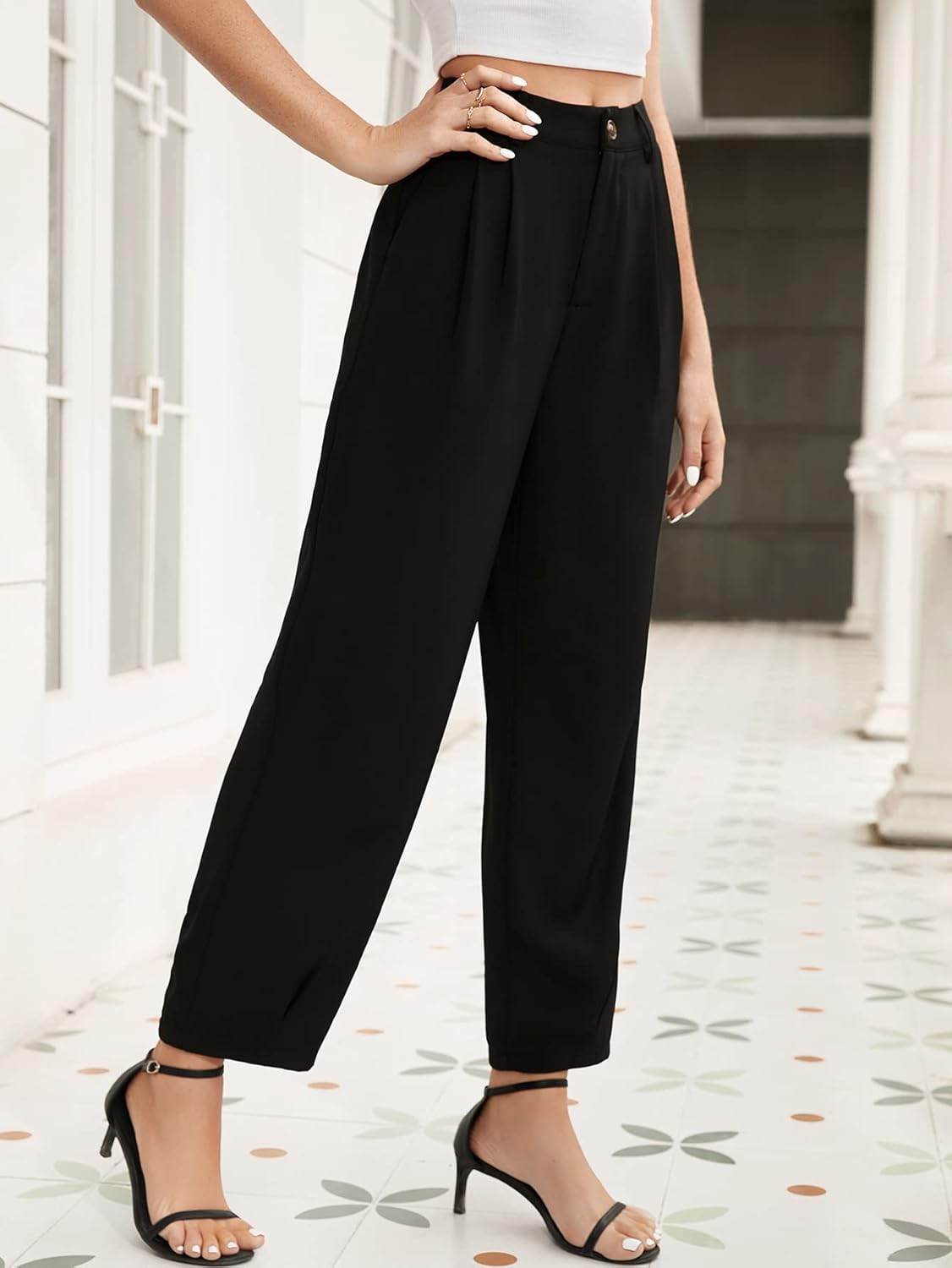 SweatyRocks Women's Casual High Waist Fold Pleated Straight Leg Trousers Work Pants with Pocket