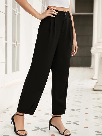 SweatyRocks Women's Casual High Waist Fold Pleated Straight Leg Trousers Work Pants with Pocket