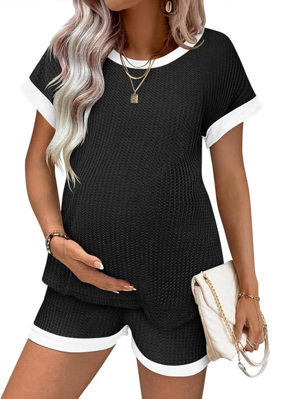 Ekouaer Women's Waffle Knit Maternity Pajamas 2 Piece Outfits Short Sleeve Tops and Shorts Loungewear Set Pregnancy Clothes