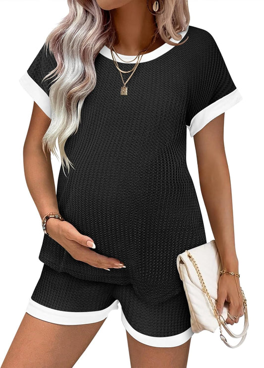 Ekouaer Women's Waffle Knit Maternity Pajamas 2 Piece Outfits Short Sleeve Tops and Shorts Loungewear Set Pregnancy Clothes