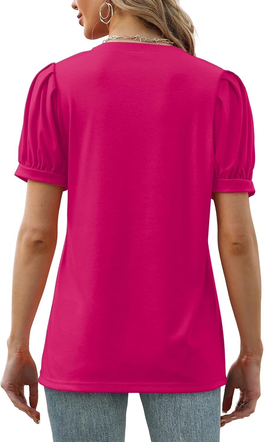 Geifa Womens Summer Tops Puff Short Sleeve V Neck T Shirts Loose Casual Tshirts