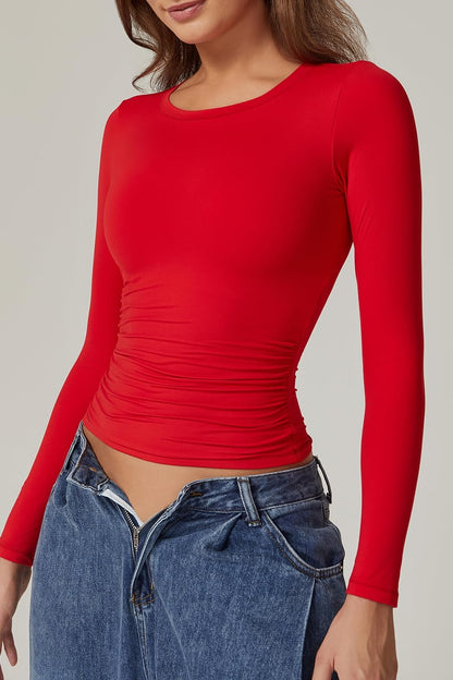 QINSEN Womens Crewneck Long Sleeve Shirt Double Lined Basic Tees Side Ruched Going Out Crop Tops