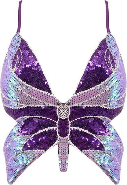 Mocure Womens Glitter Sequin Butterfly Crop Top Low-Cut Tank Top Rave Tube Vest Top for Belly Dance Costume Outfits