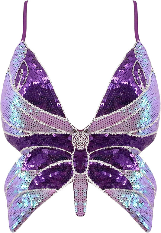 Mocure Womens Glitter Sequin Butterfly Crop Top Low-Cut Tank Top Rave Tube Vest Top for Belly Dance Costume Outfits