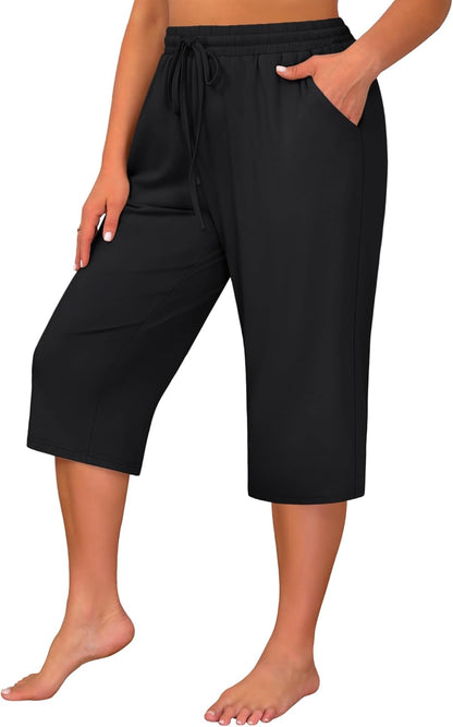 Huukeay 3 Pack Women's Plus Size Capris, Drawstring Cotton Yoga Capri Sweatpants Summer Casual Loose Cropped Pant with Pocket