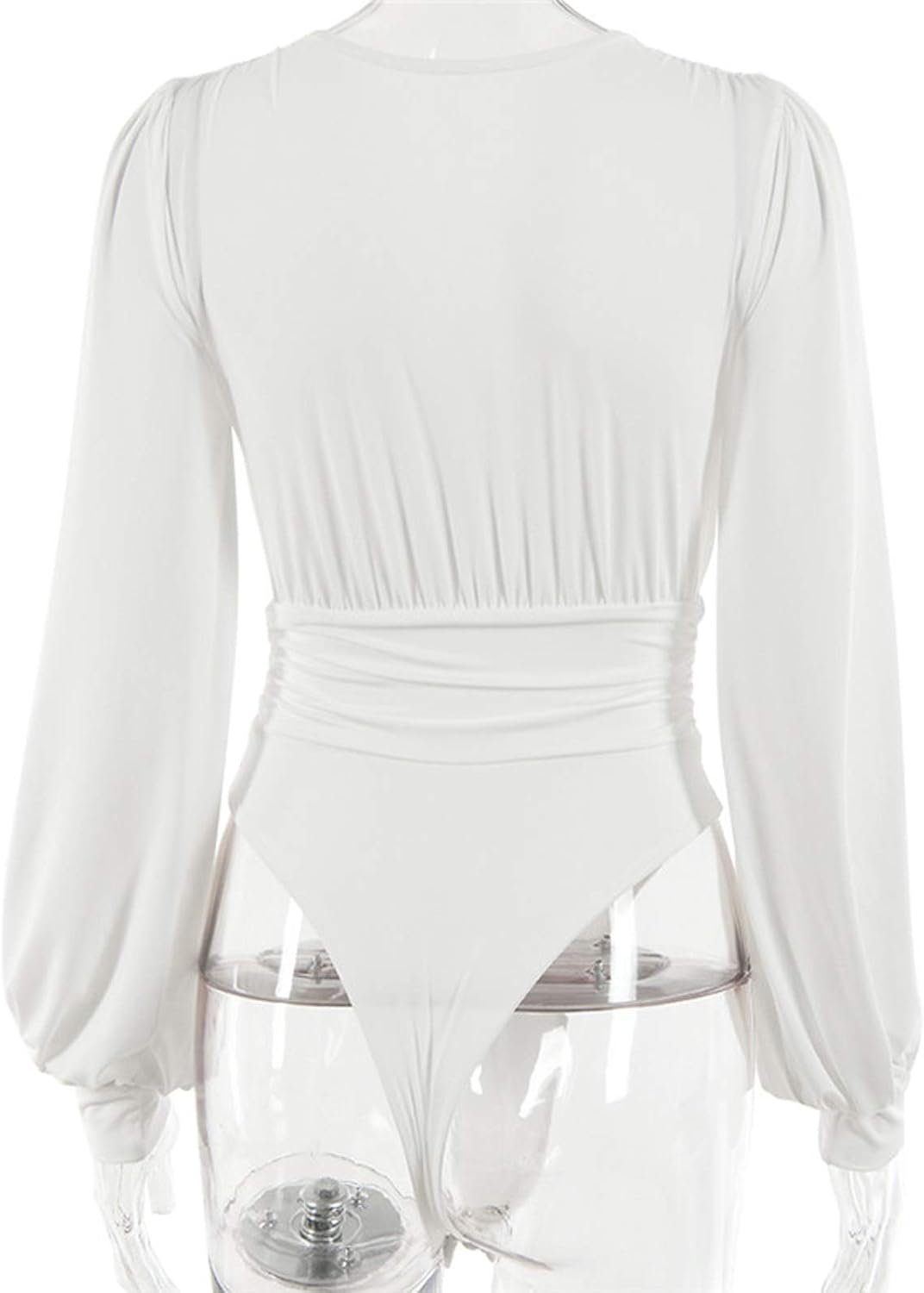 Syydn Women's Deep V Neck Tops Sexy Puff Sleeve Bodycon Jumpsuit Stretchy Bodysuit Jumpsuits (White, X-Large)