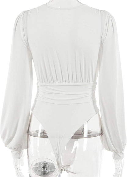 Syydn Women's Deep V Neck Tops Sexy Puff Sleeve Bodycon Jumpsuit Stretchy Bodysuit Jumpsuits (White, X-Large)
