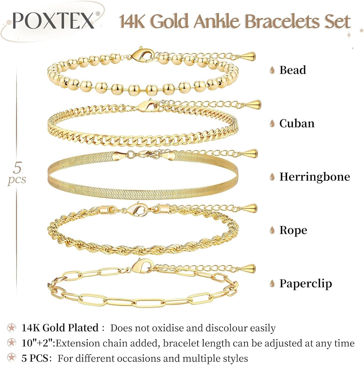 Extra Large Anklets for Women Large Ankle, 14K Real Gold Dainty Anklets for Women Waterproof, 10"+2" Adjustable Large Ankle Bracelets for Women Plus Size, Ankle Bracelets for Women Trendy