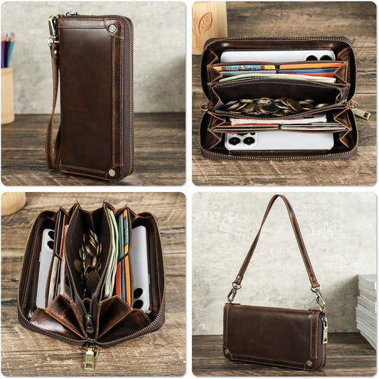 Top Grain Genuine Oiled Leather Clutch Wallet for Man & Woman, Handmade Vintage Design, Multi Pockets & Slots & Detachable Wristlets, RFID Large Capacity for Cards/Checks/Money/Passport, Red Coffee
